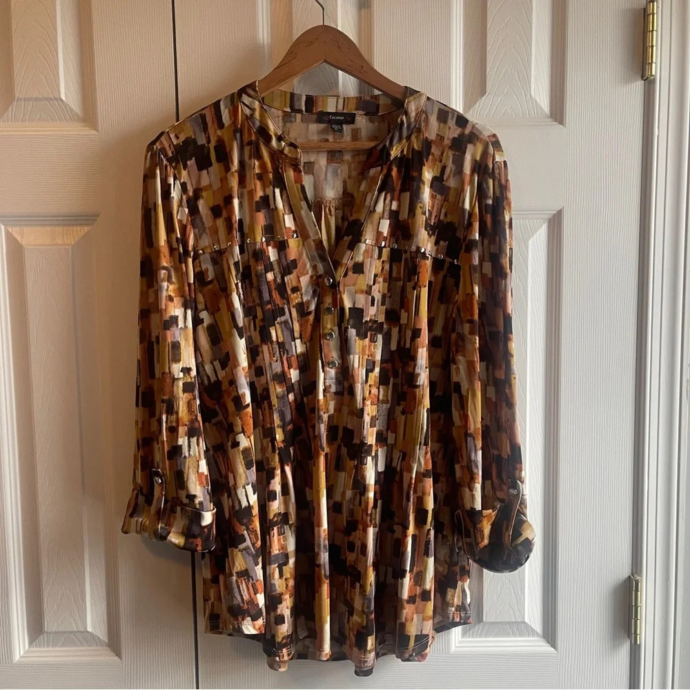 COCOMO Multicolor 3/4 Sleeve Pin-Tucked Pleated Blouse w/Studs CUTE!! Size XL